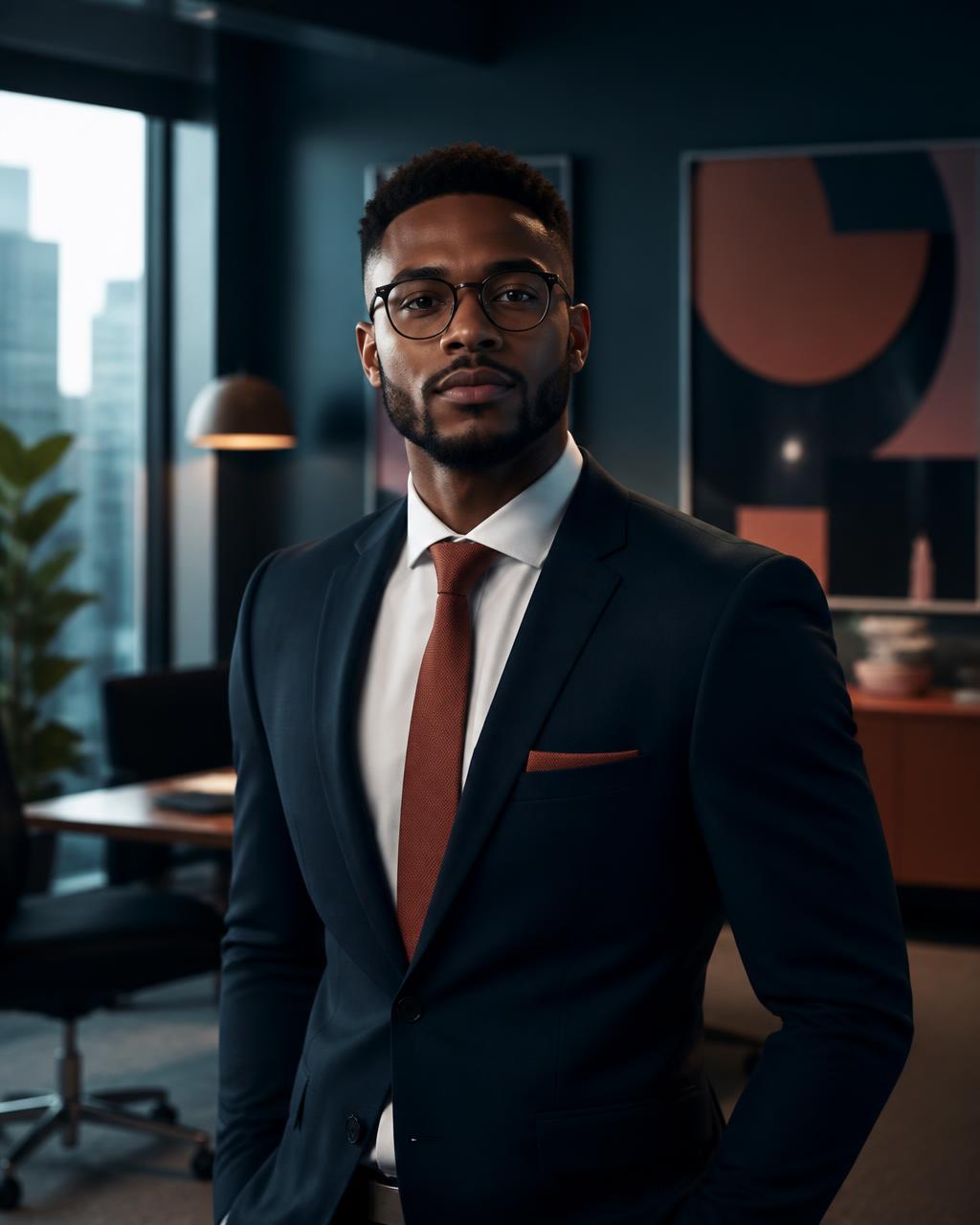 Jovem profissional negro confiante em ambiente corporativo moderno