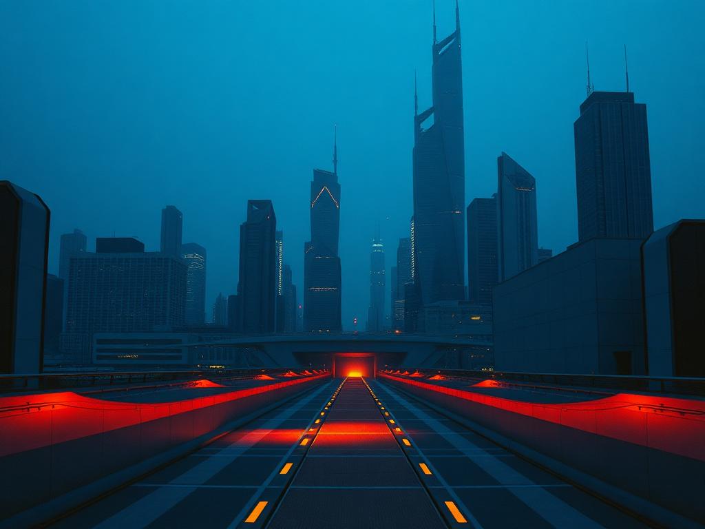 Cidade futurista azul com caminho iluminado em terracota