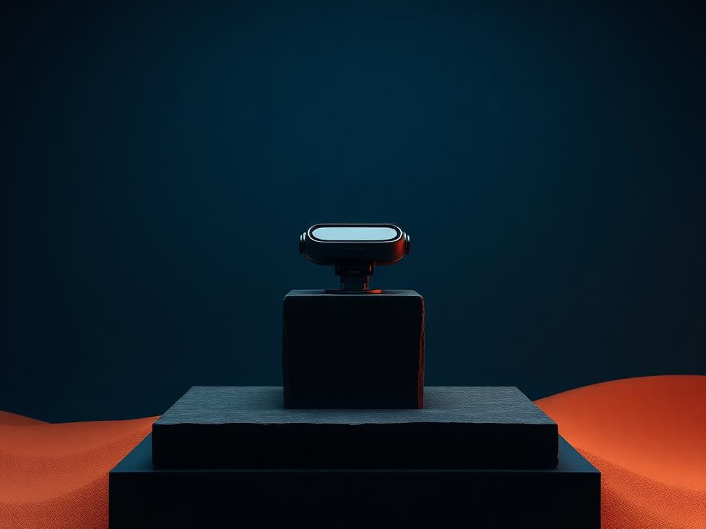Dispositivo tecnológico sobre pedestal com luz terracota
