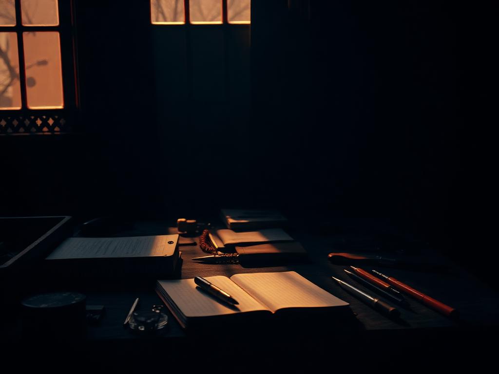 Mesa de trabalho escura iluminada por luz quente